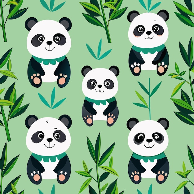 Vector cute panda bear pattern adorable pandas with bamboo leaves illustration