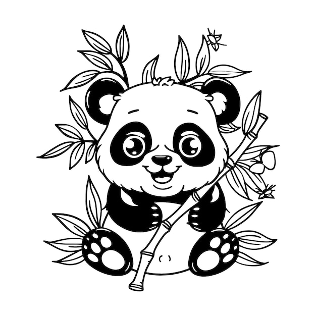 Vector cute panda bear sitting on bamboo with leaves coloring page kids and hand drawn outline illustration