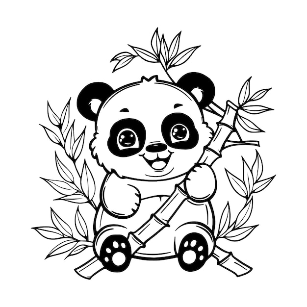 Vector cute panda bear sitting on bamboo with leaves coloring page kids and hand drawn outline illustration