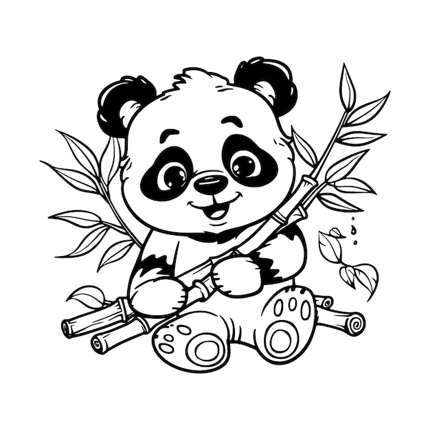 Vector cute panda bear sitting on bamboo with leaves coloring page kids and hand drawn outline illustration