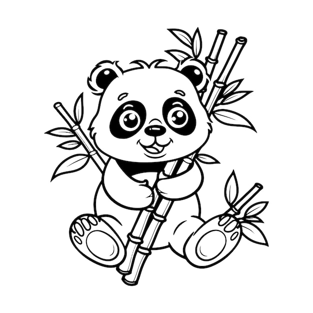 Vector cute panda bear sitting on bamboo with leaves coloring page kids and hand drawn outline illustration