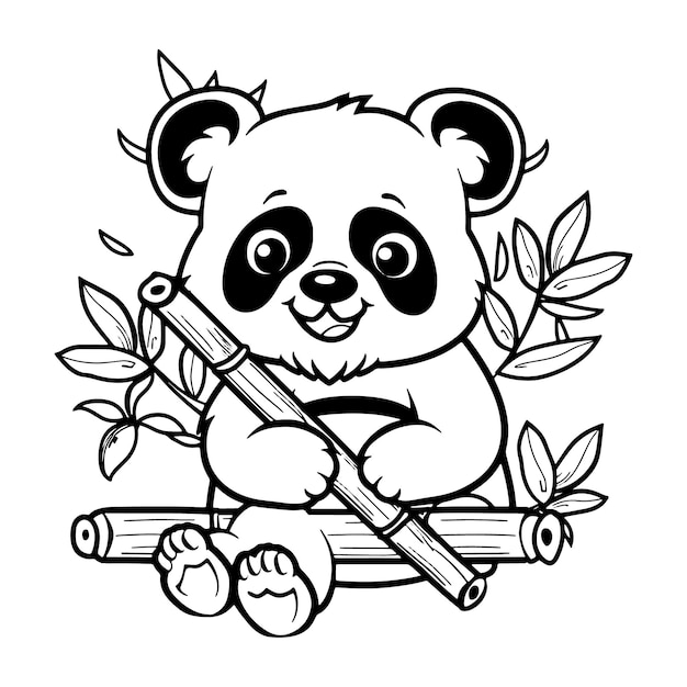 Vector cute panda bear sitting on bamboo with leaves coloring page kids and hand drawn outline illustration