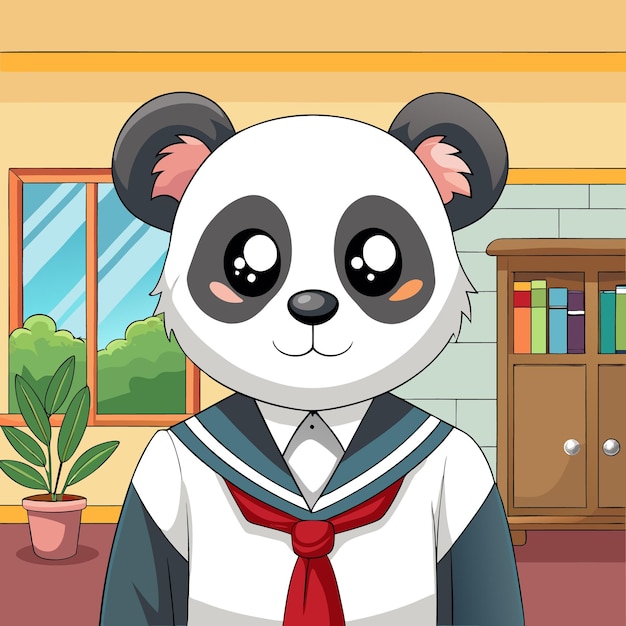 Vector a cute panda bear wearing a school uniform stands in a classroom with a window and a bookshelf in the background