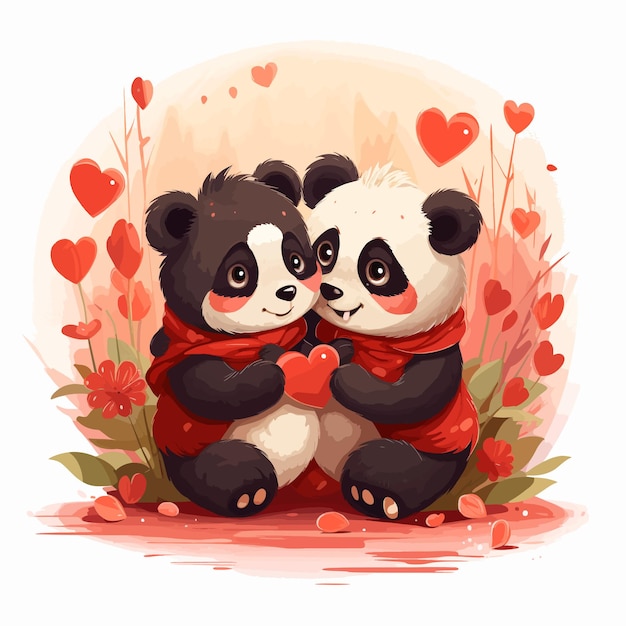 Cute panda bears couple hugging vector illustration