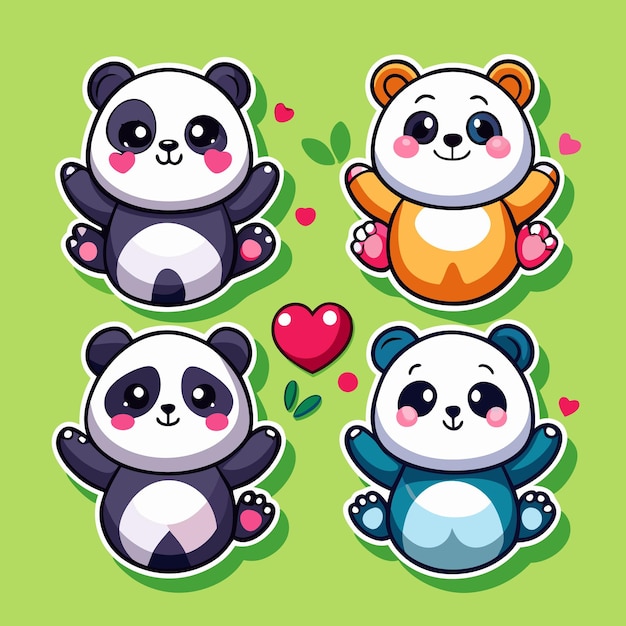 Cute Panda Bears with Hearts and Leaves