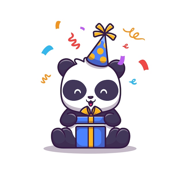 Cute Panda Birthday Laptop Illustration. Animal And Gift Technology    . Flat Cartoon Style