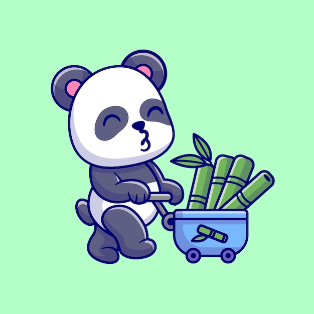 Vector cute panda bring bamboo with trolley cartoon vector icon illustration. animal nature icon isolated