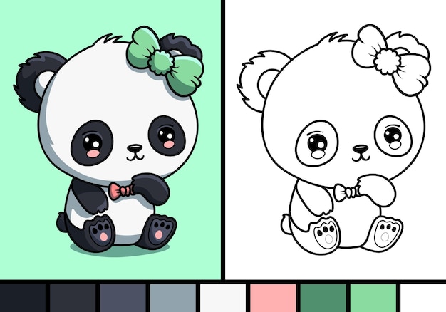 Cute panda cartoon illustration in coloring page style baby wild animal