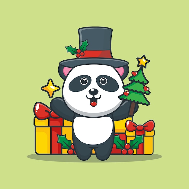 Vector cute panda in christmas day holding christmas tree and star cute christmas cartoon illustration