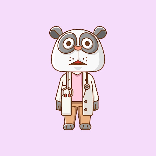 Cute panda doctor medical personnel chibi character mascot icon flat line art style illustration