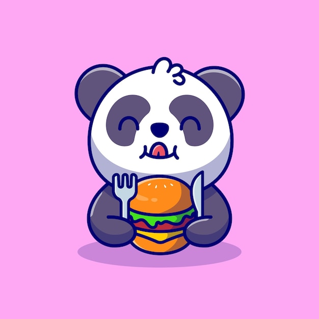 Cute Panda Eating Burger With Fork And Knife Cartoon Icon Illustration.