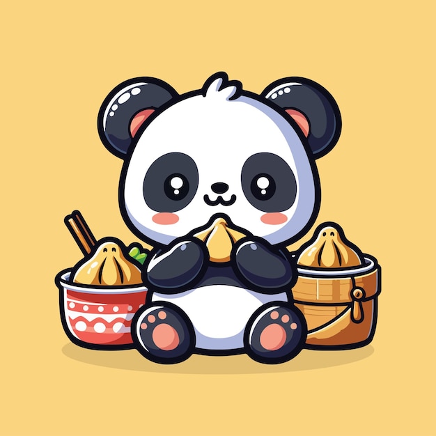 Vector cute panda eating momos cartoon vector icon illustration