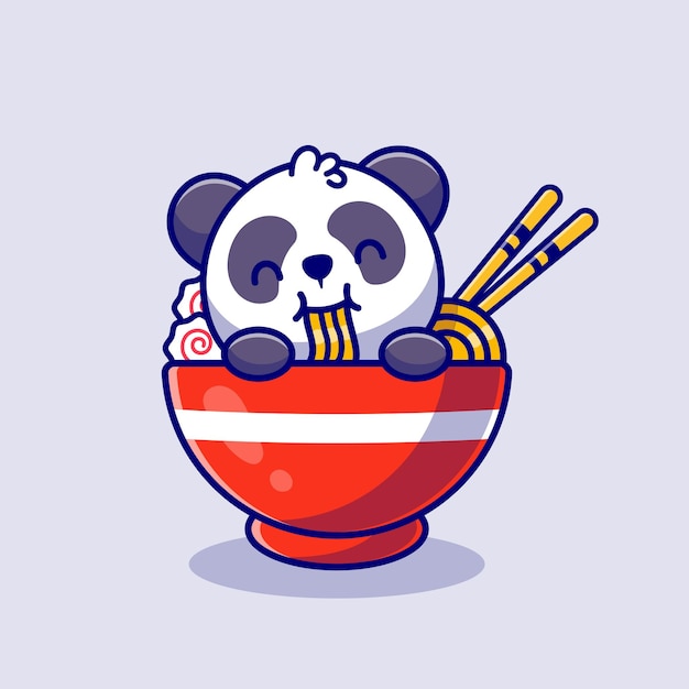 Cute Panda Eating Noodle Cartoon Icon Illustration. Animal Food Icon Concept Premium. Flat Cartoon Style