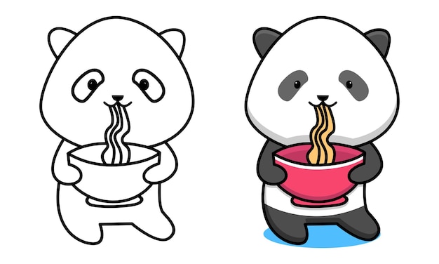 Cute panda eating noodle coloring page for kids