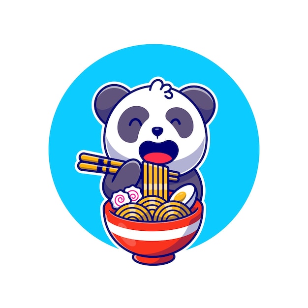 Cute Panda Eating Noodle Ramen With Chopstick Cartoon   Icon Illustration. Animal Food Icon Concept Isolated    . Flat Cartoon Style