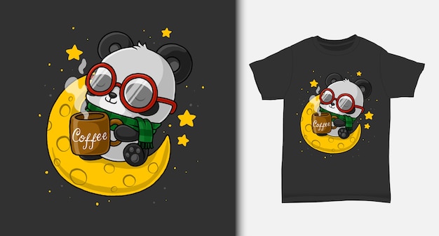 Cute panda enjoy the coffee on the moon. with t-shirt design.