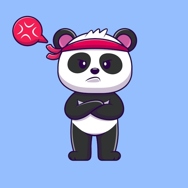 Cute Panda Fighter Angry With Folding Hand Cartoon Vector Icons Illustration