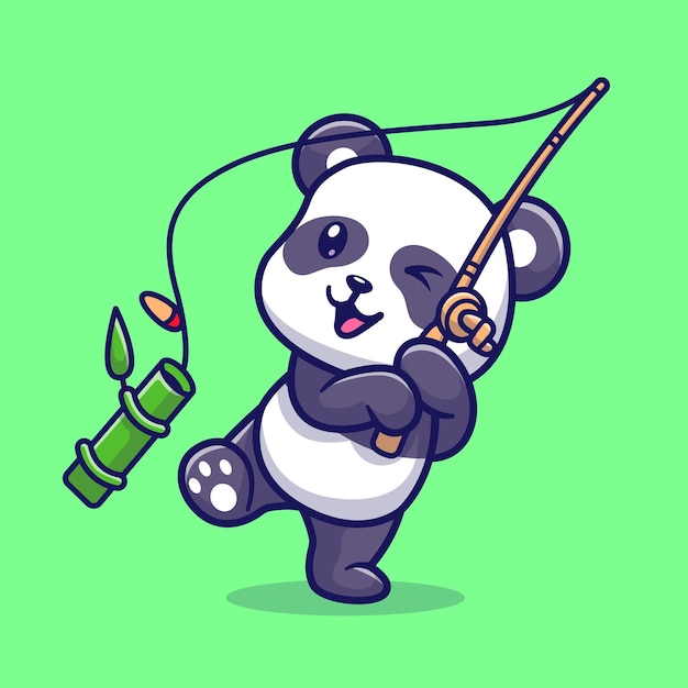 Cute Panda Fishing Bamboo Cartoon Vector Icon Illustration Animal Nature Icon Concept Isolated Flat