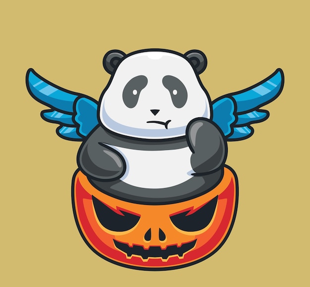 Cute panda on giant pumpkin Isolated cartoon animal Halloween illustration Flat Style