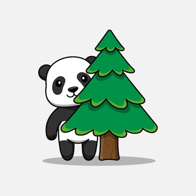 Cute panda hiding behind a tree