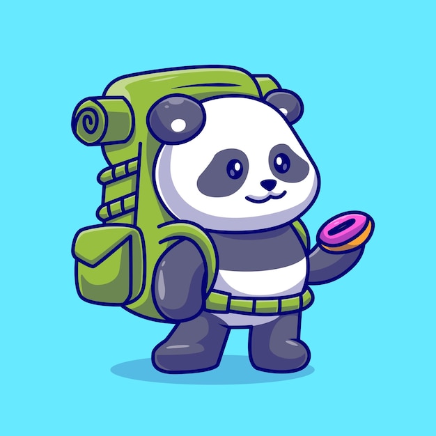 Cute Panda Hiking With Backpack Cartoon Vector Icon Illustration. Animal Holiday Icon Isolated Flat