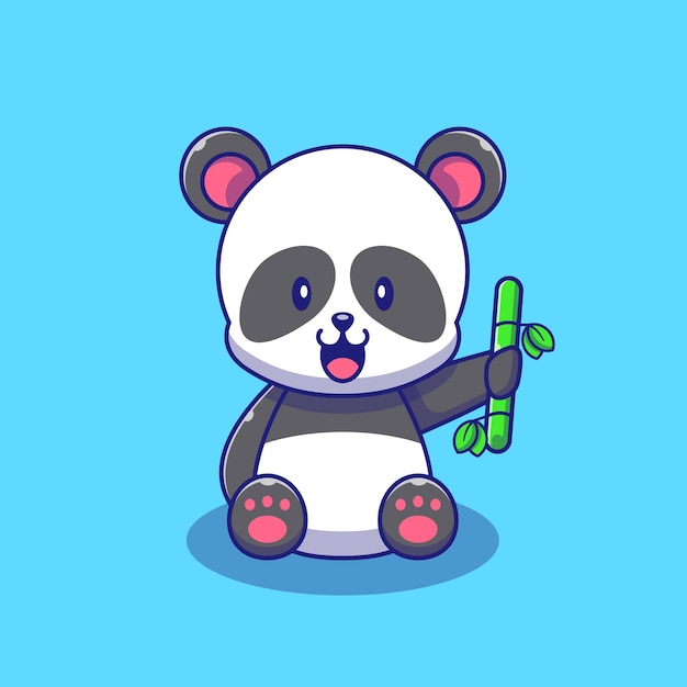 Cute Panda Holding Bamboo Illustration. Panda Mascot Cartoon Characters Animals Icon Concept Isolated.