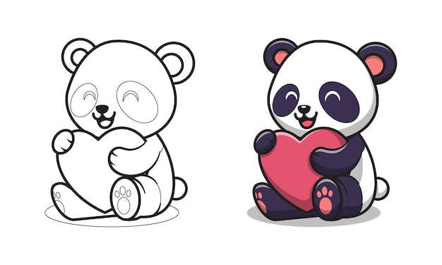 Cute panda holding red heart cartoon coloring pages for kids