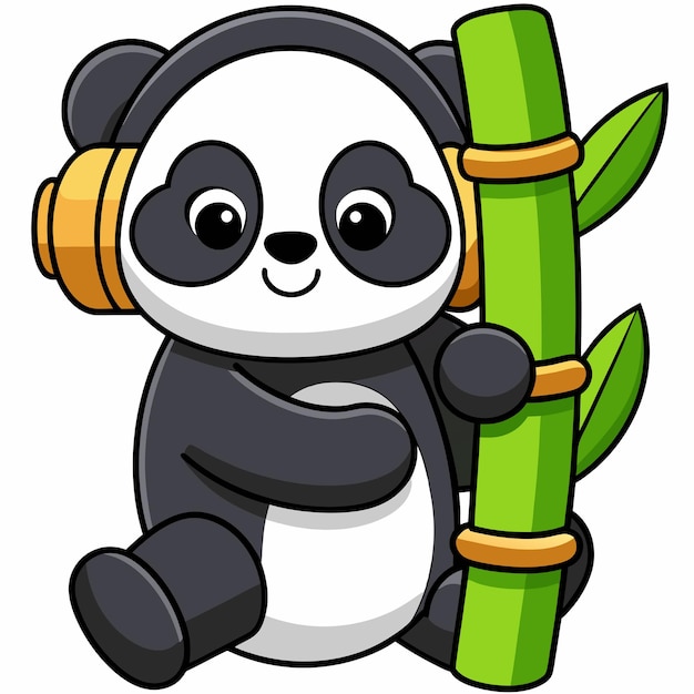 Vector cute panda hug bamboo with headphone cartoon vector icon illustration animal nature icon concept isolated premium vector flat cartoon style