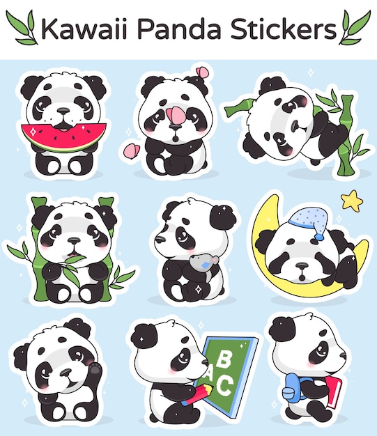 Cute panda kawaii cartoon characters set. Adorable, happy and funny animal eating watermelon, bamboo isolated sticker, patches pack. Anime baby panda bear sleeping emoji on blue background