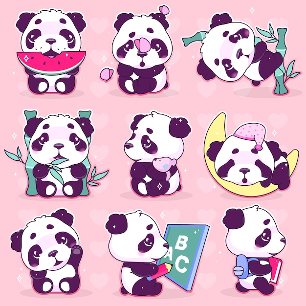 Vector cute panda kawaii cartoon vector characters set