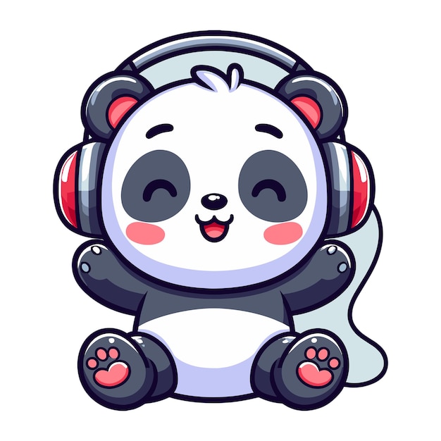 Vector cute panda listening to music with headphone vector cartoon illustration