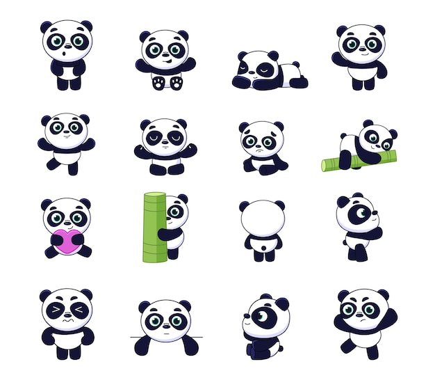 Cute panda Poses of baby Chinese bear Asian adorable mammal sleeps on bamboo wood or hugs heart Emotions and actions Stickers of funny animal characters Vector teddies positions set