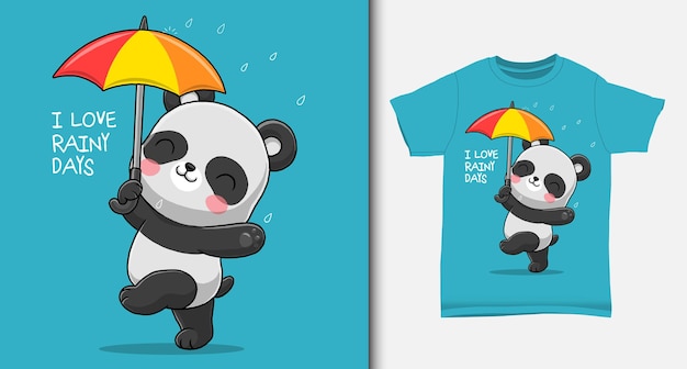 Cute panda in rainy days with tshirt design