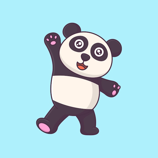 Cute panda raises hand looking happy vector cartoon animal illustration icon