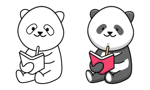 Cute panda reading book coloring page for kids