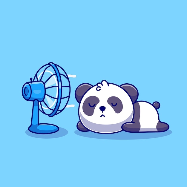 Cute Panda Sleeping In Front Of Fan Cartoon   Icon Illustration. Animal Technology Icon Concept Isolated    . Flat Cartoon Style