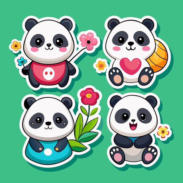 Cute Panda Stickers with Flowers and Hearts