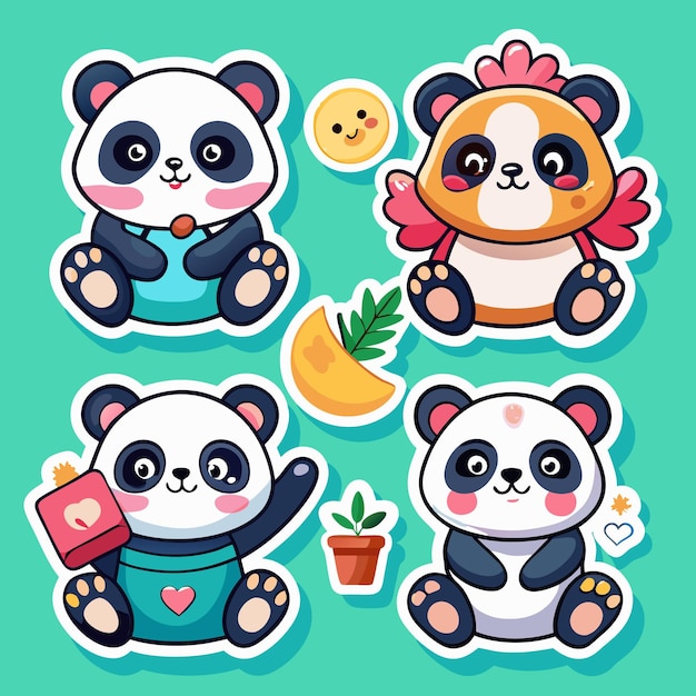 Vector cute panda stickers with hearts plants and moons