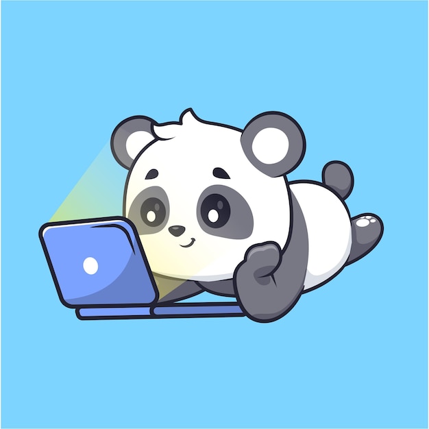 Cute Panda Watching Movie On Laptop Cartoon Vector Icon Illustration Animal Technology Isolated