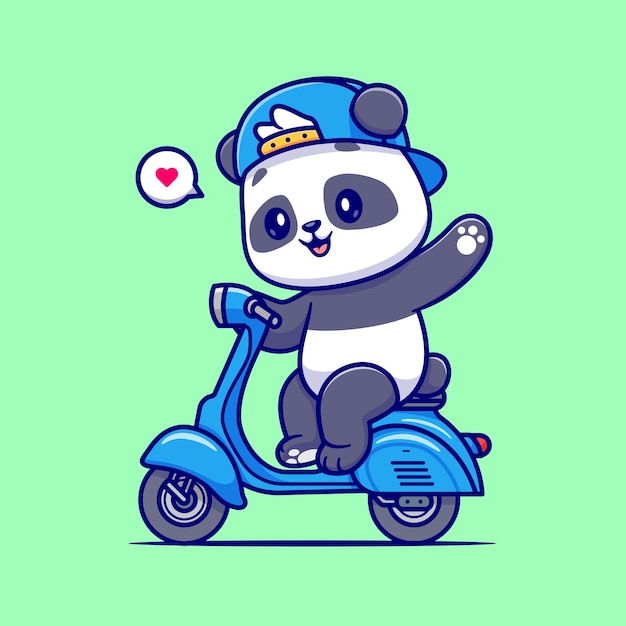 Cute Panda Waving Hand On Scooter Cartoon Vector Icon Illustration Animal Transportation Icon