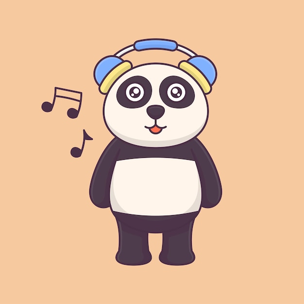 Cute panda wearing headphones listening to a song vector cartoon animal icon illustration