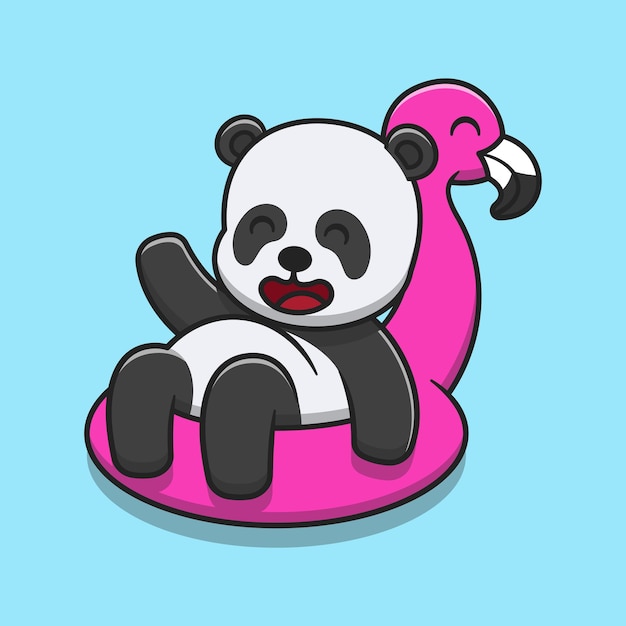 Cute panda wearing inflatable flamingo swimming balloon cartoon icon illustration