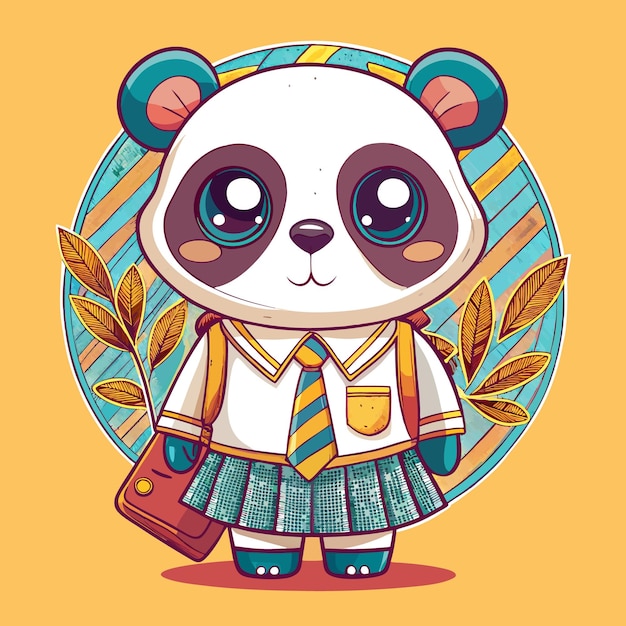 Vector cute panda wearing a school uniform with a backpack and holding a book