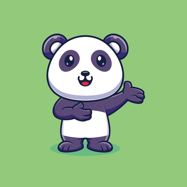 Cute panda in welcoming gesture cartoon vector icon illustration animal nature icon concept