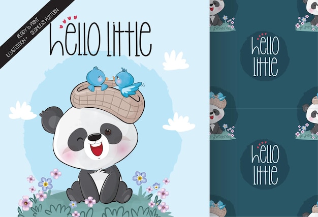 Cute panda with baby birds seamless patterns