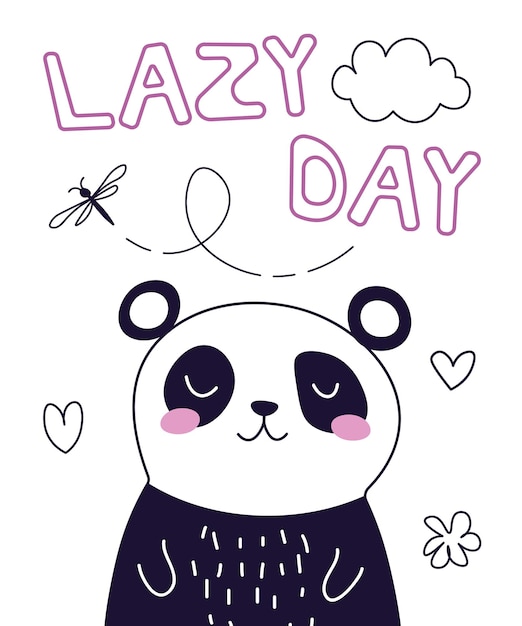 Cute panda with lazy day text in cartoon doodle style Design of a children card Poster template for the nursery Vector illustration EPS