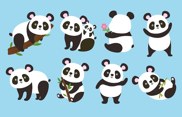 Cute pandas Cartoon bear mascot panda with bamboo branch and adorable animal vector illustration set