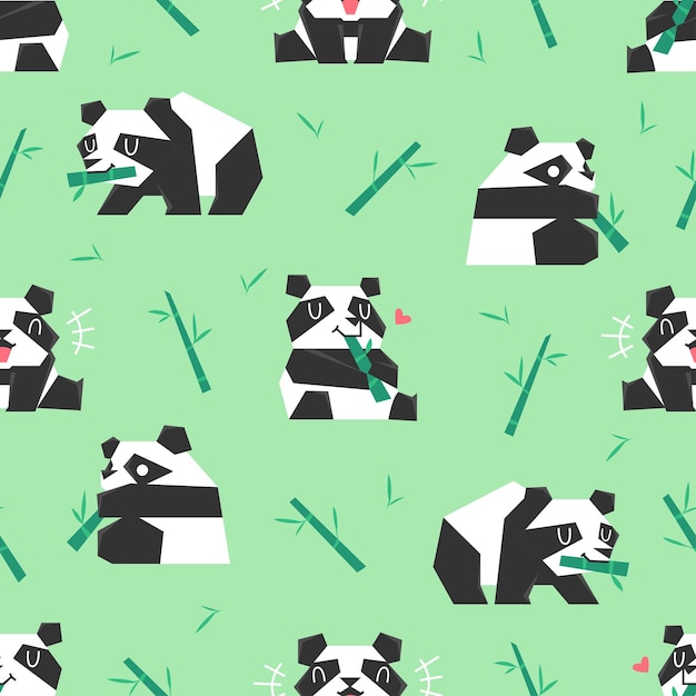 CUTE PANDAS IS EATING BAMBOO IN SOME DIFFERENT POSES FLAT SEAMLESS PATTERN PREMIUM VECTOR