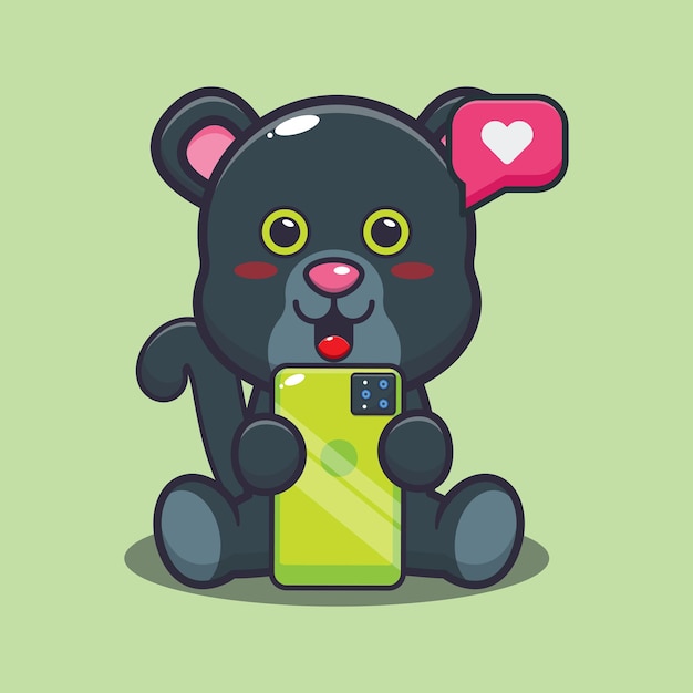 Cute panther with phone Cute cartoon animal illustration