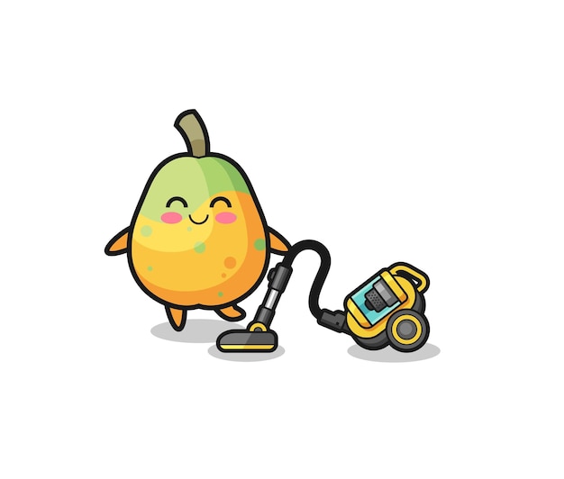 Cute papaya holding vacuum cleaner illustration cute design